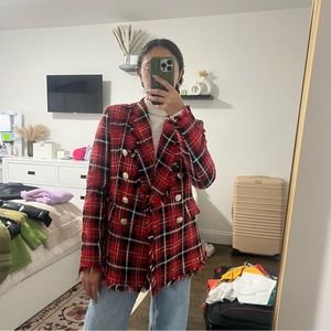 Aqua red and black plaid blazer coat